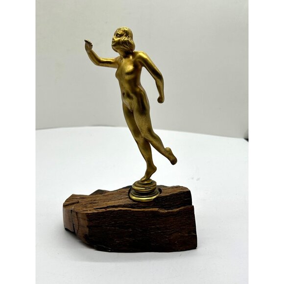 Brass Bronze Cast Metal Art Deco 8" Nude Statue Figurine Lady on Wood Base Vtg - Picture 2 of 15